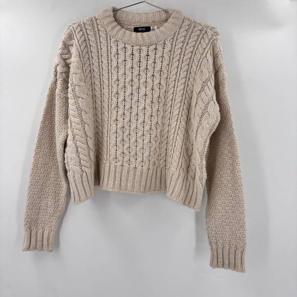 BDG Sweaters - BDG Cable Knit Cropped Crewneck Sweater Tan Size Small